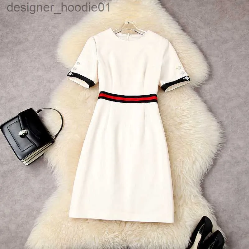 Basic Casual Dresses 2022 Summer Short Sleeve Round Neck Apricot / Black Contrast Color Panelled Buttons Knee-Length Dress Elegant Casual Dresses 22L025043 L230916