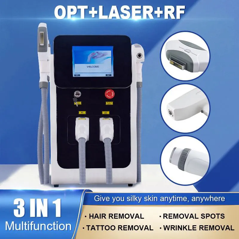 Prestazioni ad alto costo 3 in 1 OPT + Laser + RF Macchina multifunzionale per la rimozione dei peli Rimozione e rimozione delle lentiggini del tatuaggio Macchina per la bellezza del laser antirughe