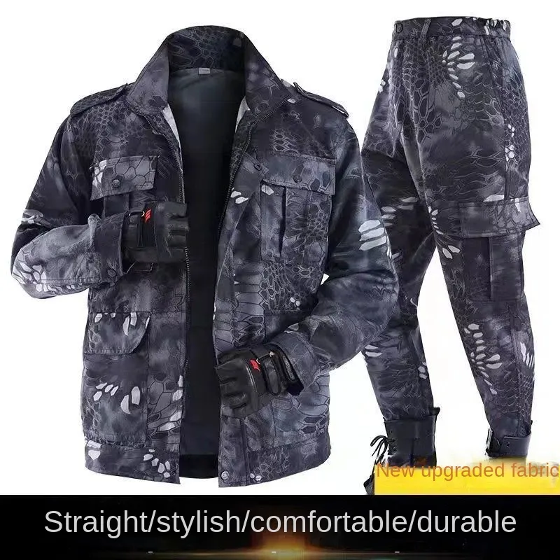 Nova camuflagem tática padrão python preto terno masculino usar roupas de trabalho resistentes ao desgaste para comer frango primavera e outono ao ar livre