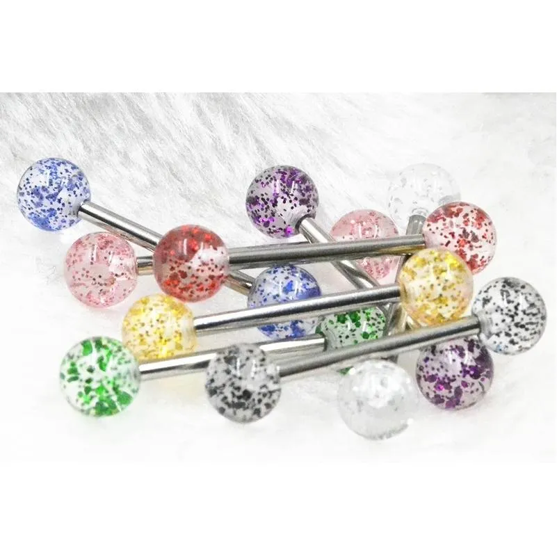 Tongue Rings 100Pcs Tongue/ Nipple Shield Ring Barbells Straight Bar 14G Glitter Balls Body Piercing Jewelry Drop Delivery Dhgarden Dhsab