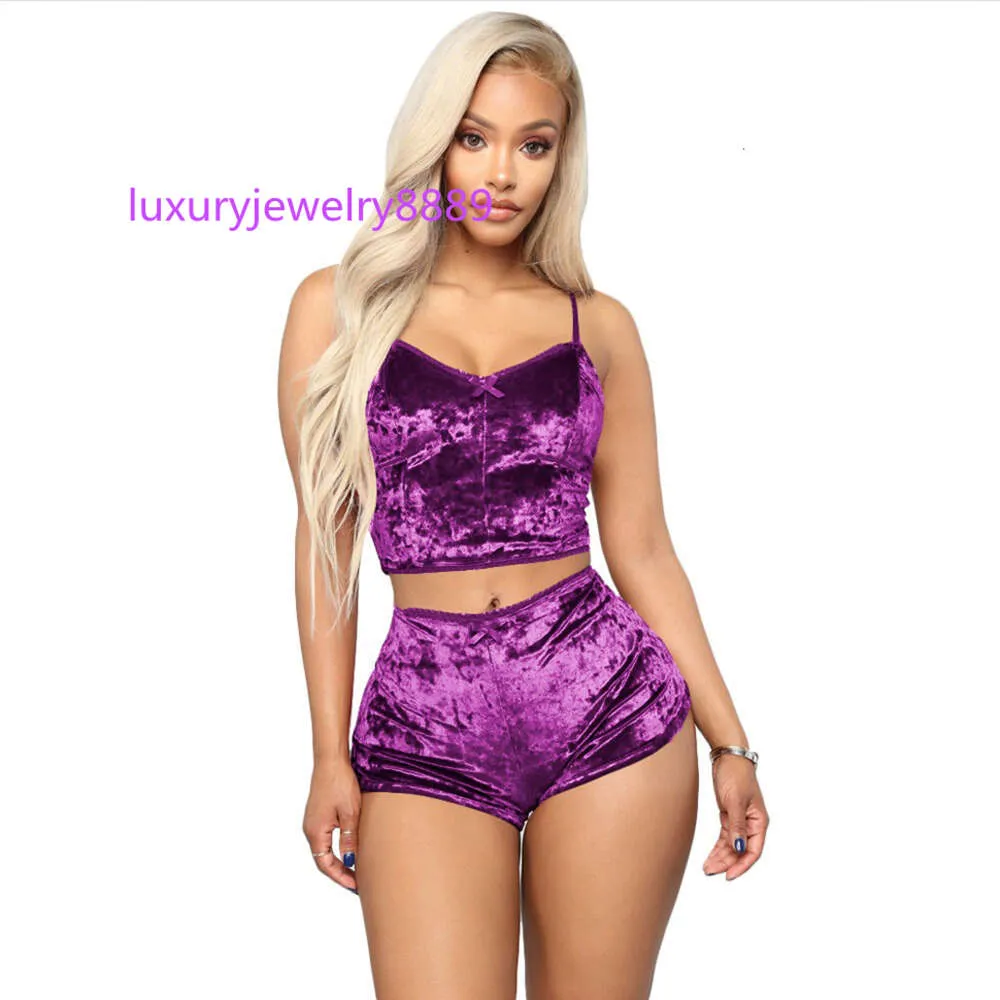 Kvinnor pyjama Tvådelat Set Velvet 2 Piece Outfits Sexig underkläder Spaghetti Rem Crop Top Camisole och Shorts Bottom Sleepwear Suit