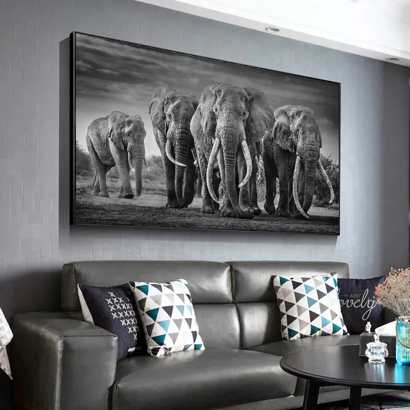 Toile de peinture avec éléphants d'afrique noirs, animaux sauvages, affiches et imprimés, images d'art murales pour salon L01