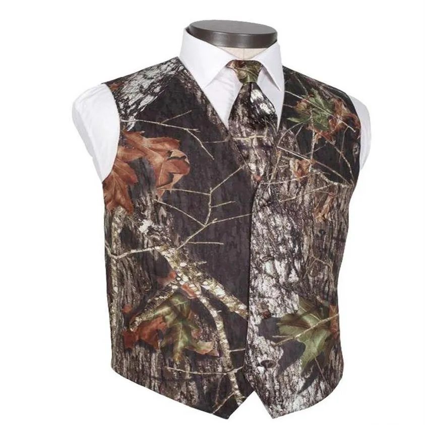 2021 Modeste Camo Groom Gilets Gilet de mariage rustique Tronc d'arbre Feuilles Printemps Camouflage Slim Fit Gilets pour hommes 2 pièces Ensemble Gilet T2954