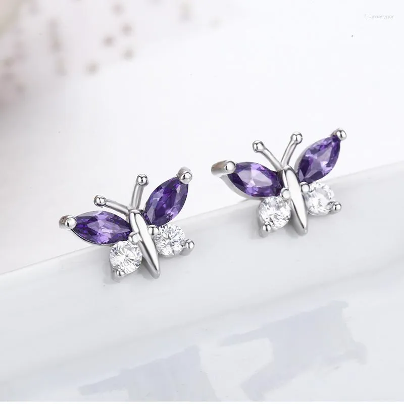Stud Earrings Cute 925 Sterling Silver Butterfly Purple 7 White CZ For Women Children Girls Kids Jewellery Orecchini Aros Aretes