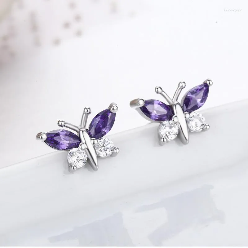 Boucles d'oreilles mignonnes en argent sterling 925 papillon violet 7 blancs CZ pour femmes enfants filles enfants bijoux Orecchini Aros Aretes