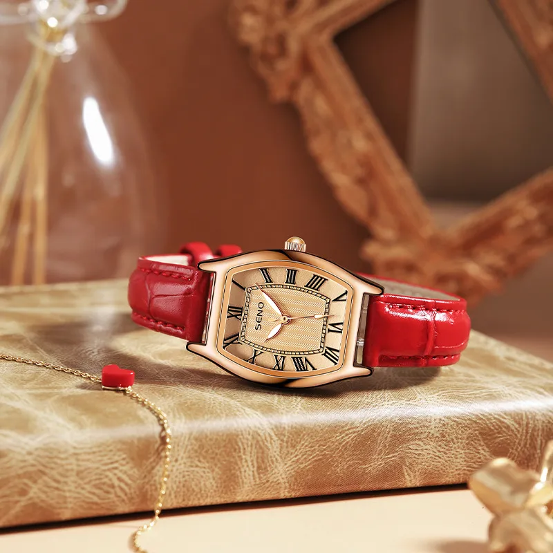 Mode Barrel Armbanduhren Retro Designer Frauen Quarzuhren Hochwertiges Lederband Wasserdichte Armbanduhr Braun Rot für Damen