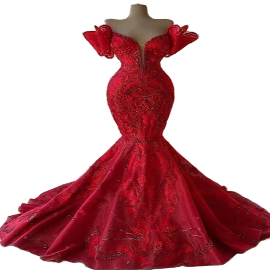 2022プラスサイズアラビア語aso ebi Red Luxurious Mermaid Prom Dresses Lace Beaded Everming Party Second Recession Birthday Engage2205