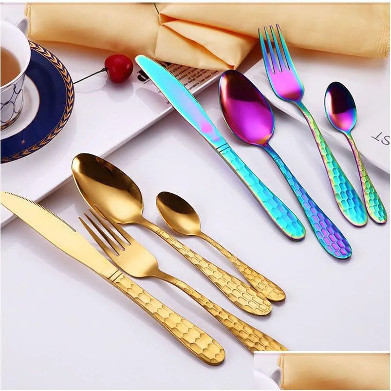 Dinnerware Sets 4Pcs/Set New Mticolor Rainbow Dinner Set Travel Cutlery Stainless Steel Knife Fork Scoops Sierware Drop Ship Delivery Dh3Mw