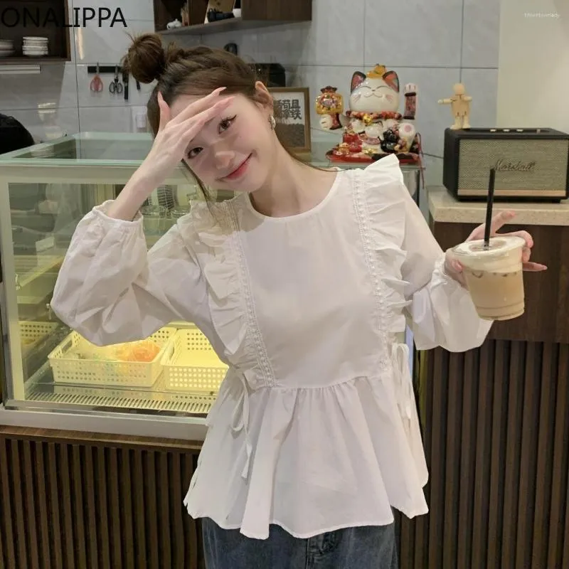 Chic Korean Fashion Frill Blouse With Sweet Ruffles, Wood