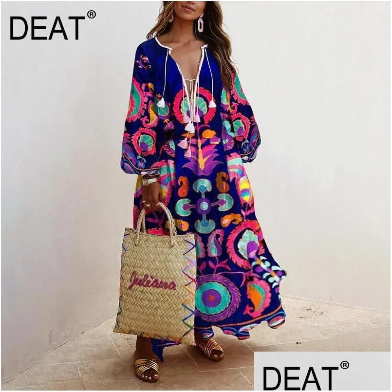 Basic Casual Dresses Dress Women Floral Print Tassel Large Size Puff Sleeve Deep V Collar Style Long Length 2022 Summer Fashion Hc2591 Dh0Zt