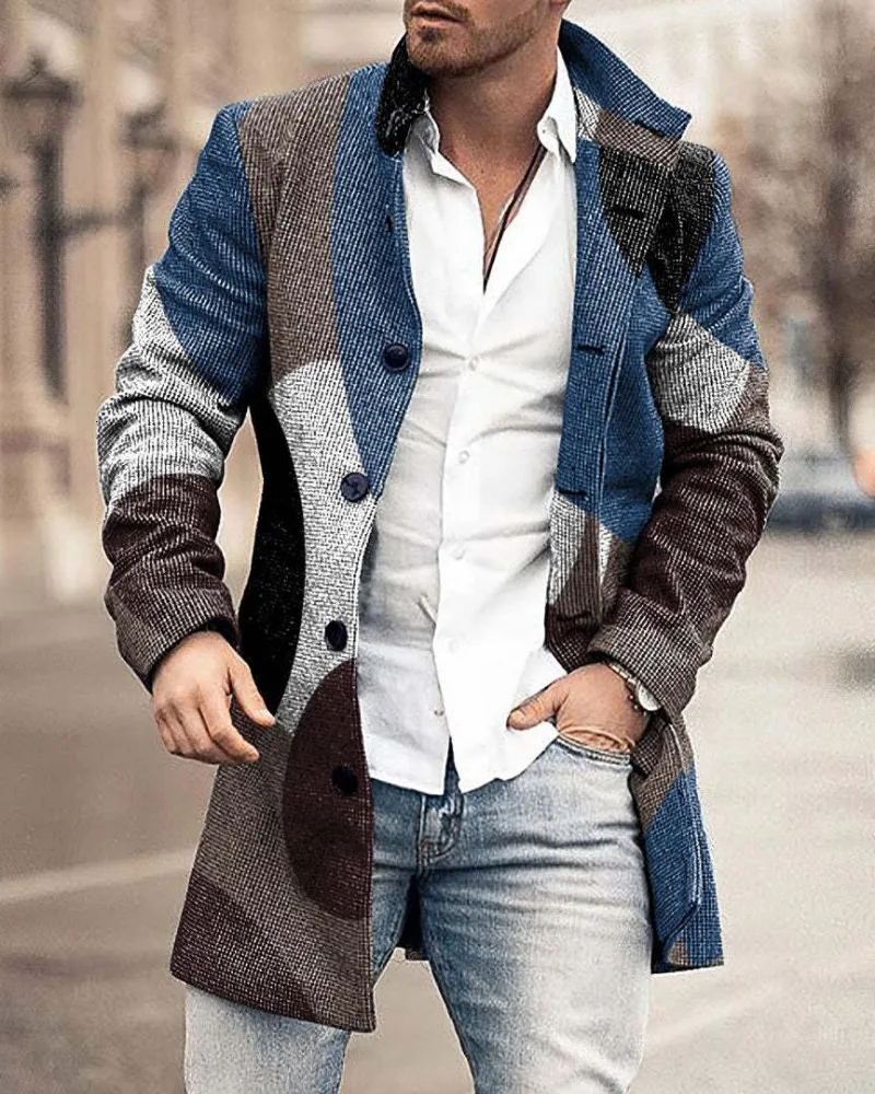 Мужское полушерстяное пальто с воротником-стойкой и 3D-принтом средней длины, повседневное пальто с карманами, европейская и американская зимняя мужская куртка 230915