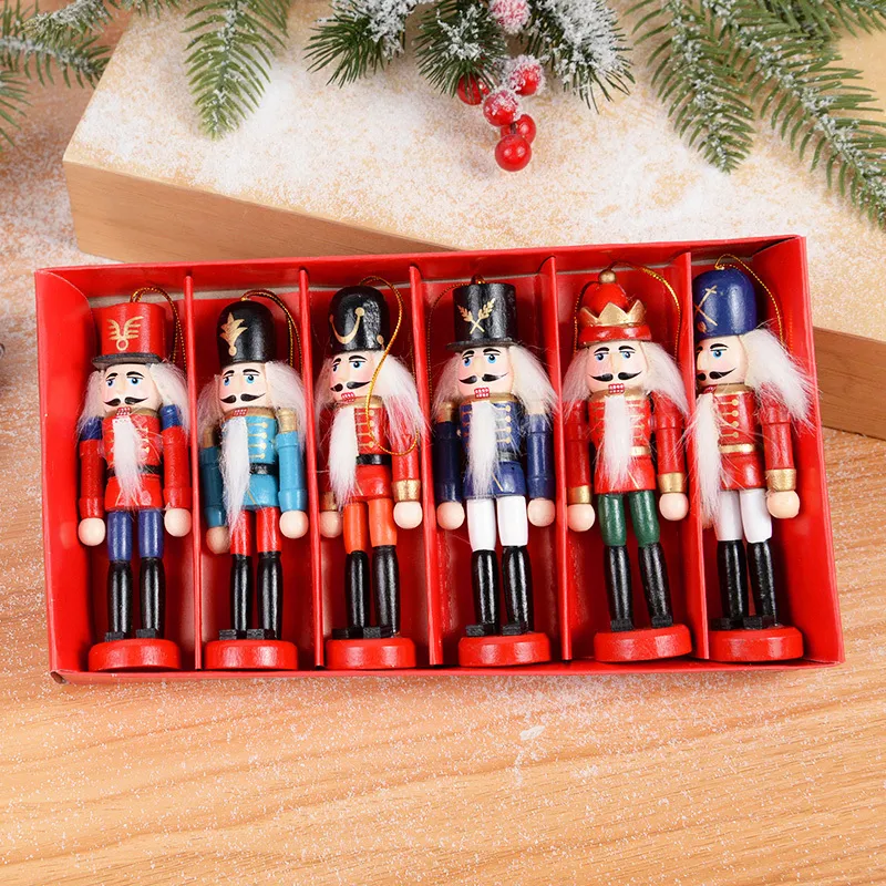 6pcs/box Christmas Nutcracker Soldier Wooden Ornaments Nutcracker Soldier Doll Xmas Tree Pendants For Home Decor New Year Gifts