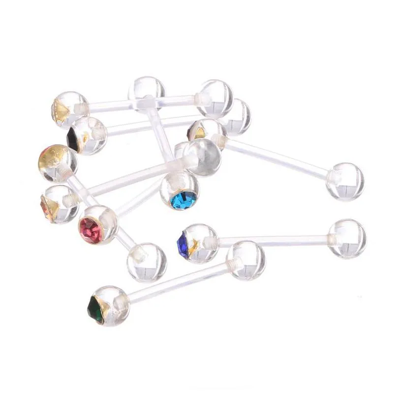 Anneaux de langue transparents, barre transparente, gemme en cristal, calibre 14, couleurs mélangées, piercing corporel droit, bijoux, livraison directe, Dhgarden Dhv5H