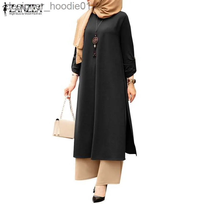 فساتين أساسية غير رسمية Zanzea نساء المسلمين الأزياء التباين تصميم طويل الشق الطويل الأكمام بلوزة عريضة الساق الواسعة مجموعة L230916