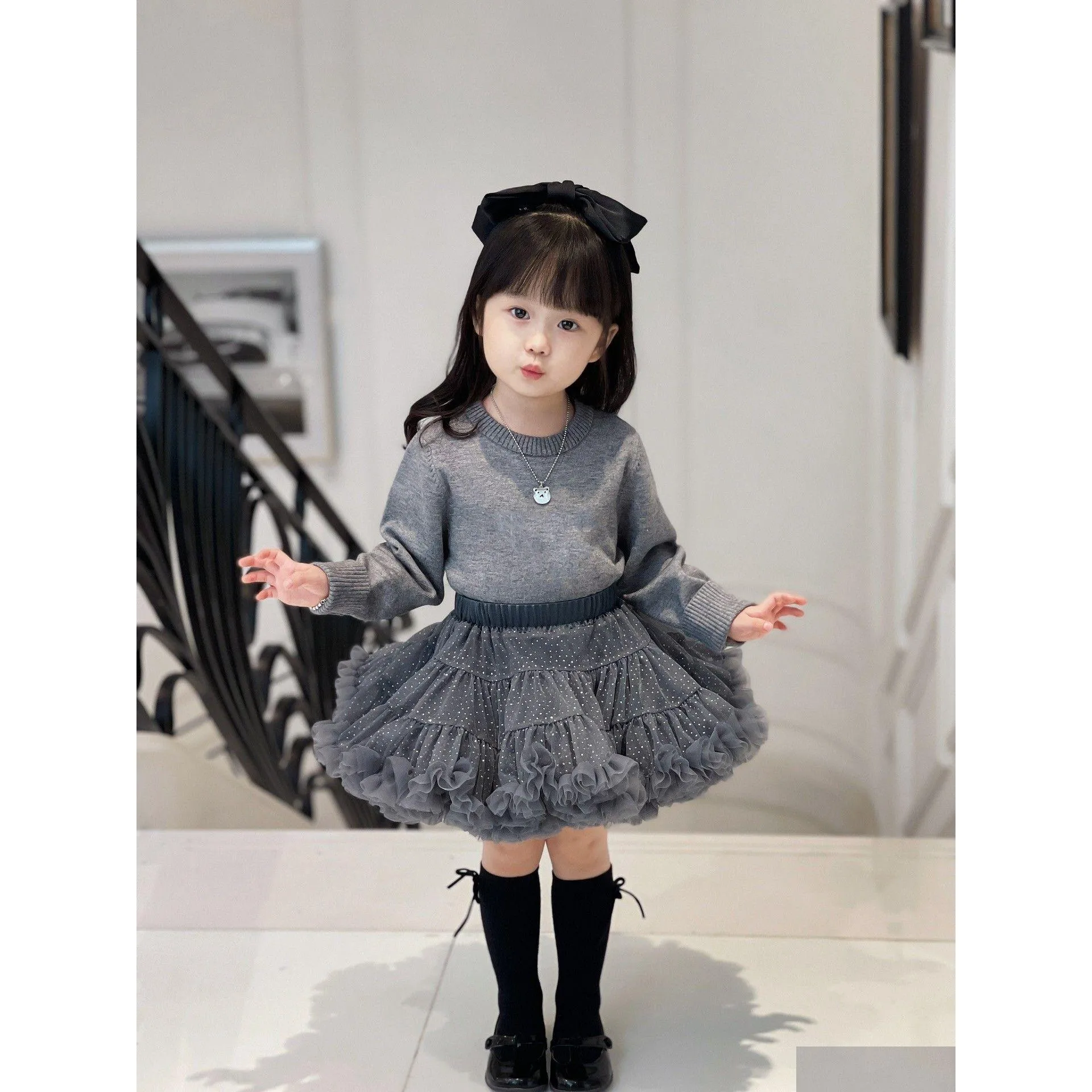 Vêtements Ensembles Hiver Enfants Filles Enfant Fille Pull Avec Dentelle Tutu 2pcs / Tenue Enfants Costumes Vêtements Drop Livraison Bébé Maternité Dh8Ny