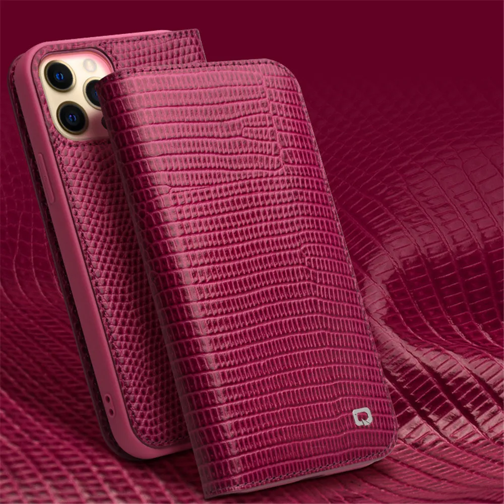 QIALINO Custodia a Portafoglio Flip in Vera Pelle di Vacchetta per iPhone 14 15 Pro Max Cover per Slot per Schede in Coccodrillo