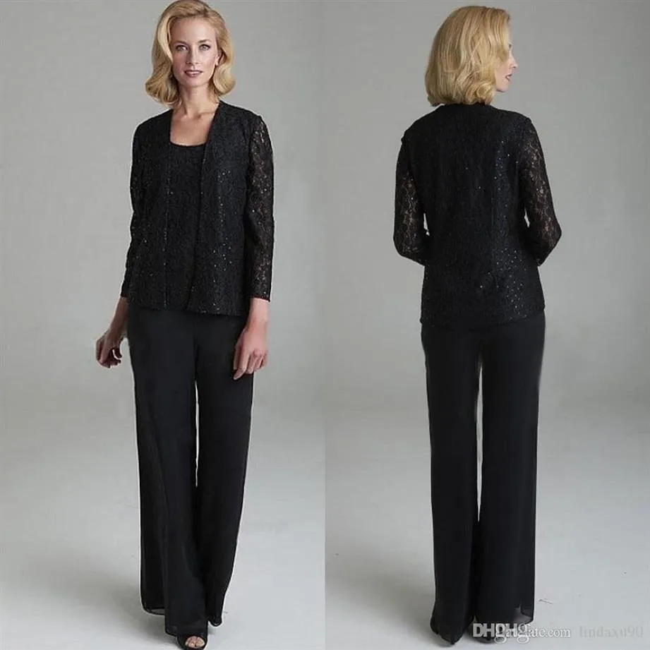 Elegante pizzo nero madre della sposa tailleur pantalone con giacche tre pezzi paillettes abiti da sposa per invitati taglie forti madri sposo2668