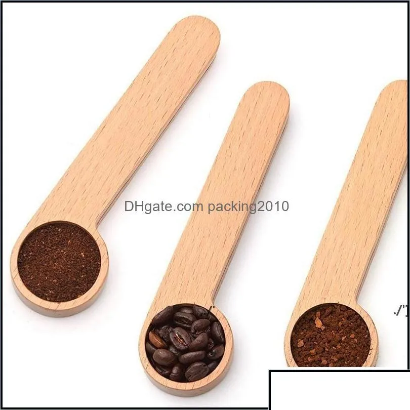 Cuillères à café Coffeeware Cuisine Bar à manger Maison Jardin Design Scoop en bois avec clip de sac Cuillère à soupe en bois de hêtre massif Mesure du thé Dhle1