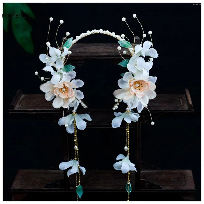 Hair Clips Retro Chinese Headbands Silk Flower Hairbands Pendant Jewelry For Women Girls Hanfu Dress Pearl Headpiece Crown