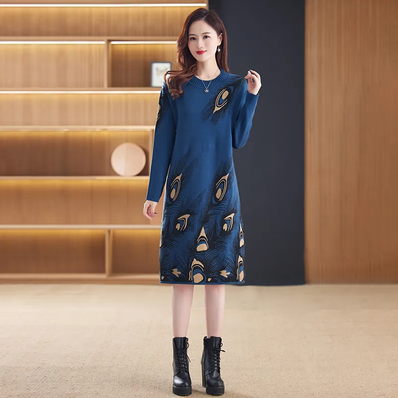 2023 Autumn Winter Casual Blue Sweaters Dress Women Fashion Designer O-Neck mjuk varma lady midi frocks långärmad smal fit stilfull fest fina eleganta stickade klänningar