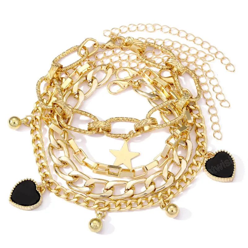 Bracelets à maillons en chaîne épaisse pour femmes, ensemble de Bracelets en alliage, chaîne en forme de cœur et d'étoile, bijoux Punk, à la mode, 4 pièces/ensemble