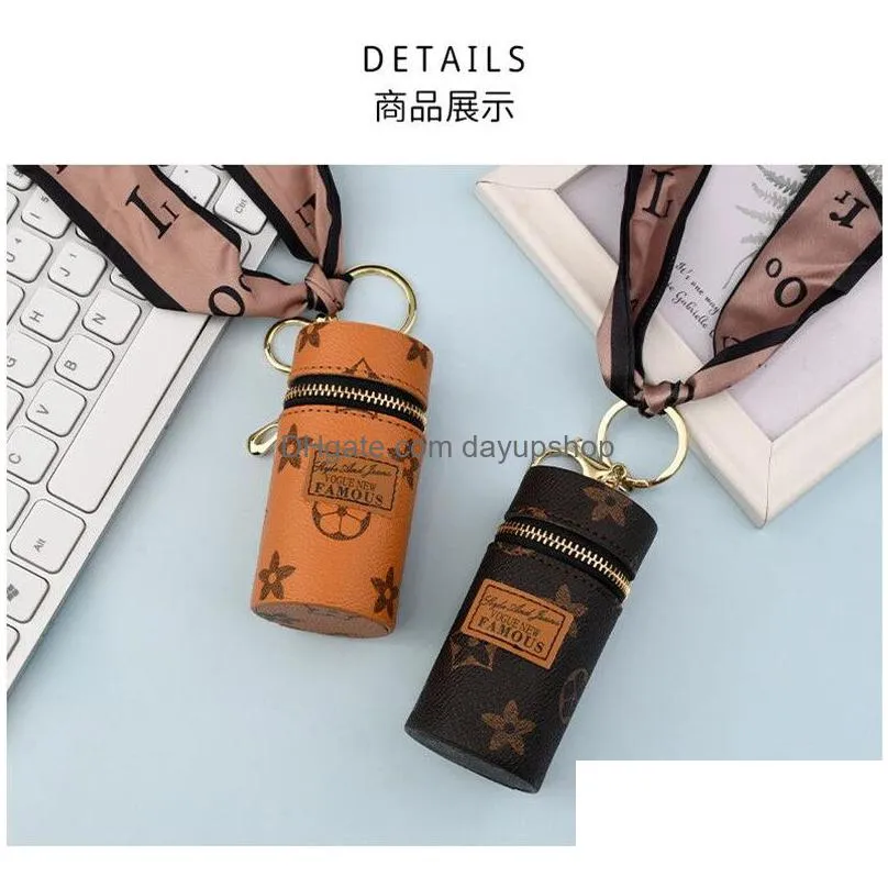 luxury leather keyring ring bucket lipstick storage bag silk scarf keychain holder portable personality charm pendant women accessories fashion car key chain