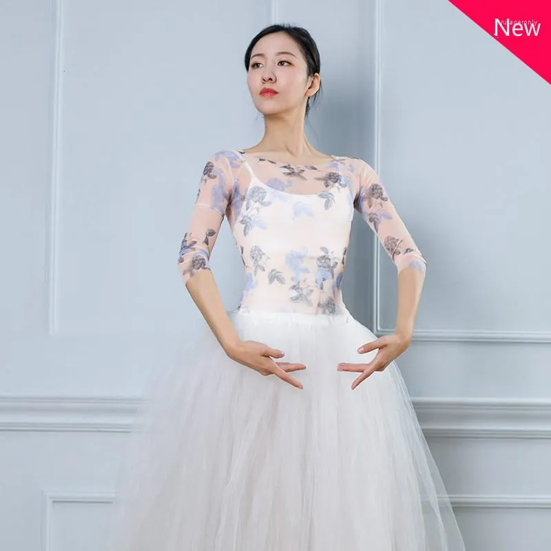 Stage Wear Ballet Dance Dress Printed Flower Mesh Top Women's Sheer See-through Blouse Elegant Tops Shirt Fall