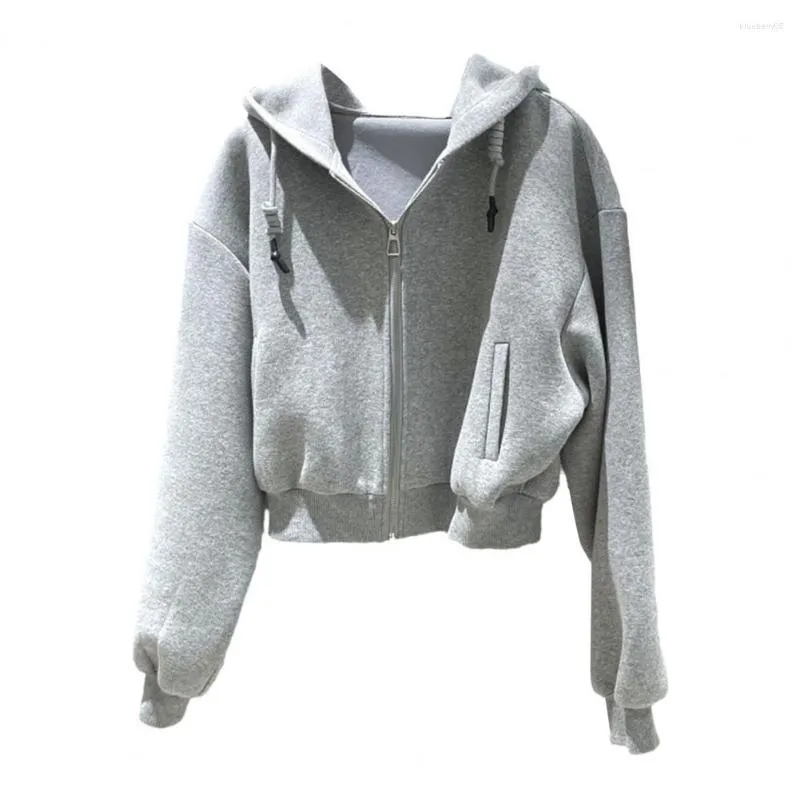 Hoodies femininos curto senhora casaco feminino solto ajuste elegante inverno com capuz carta impressão grossa zip up cordão bolsos elásticos