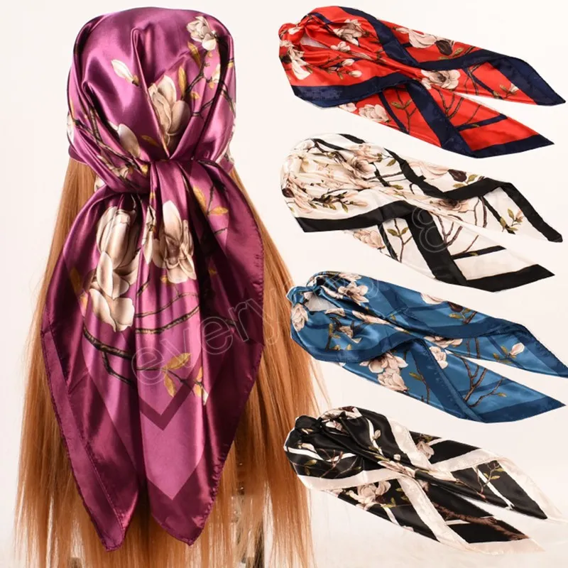 90*90 cm Spring Autumn Lady Beach Silk Scarf New Style Headscarf Women Fashion Square Shawl Wrap Luxury Foulard Bandanna ljuddämpare