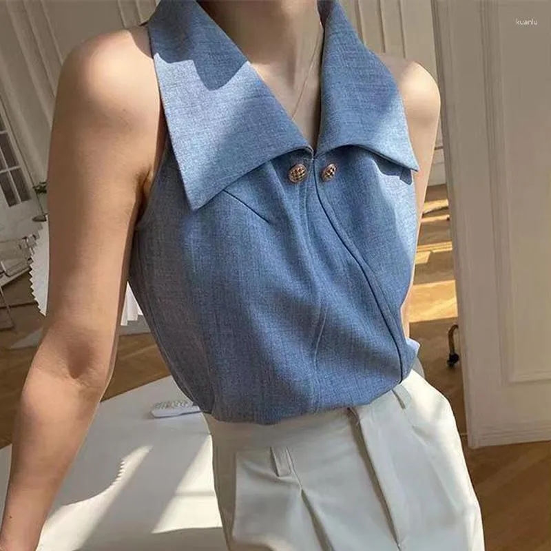 Blouses pour femmes 2023 été femmes Blouse haut avec épaules ouvertes tempérament revers Camisole OL chemise sans manches