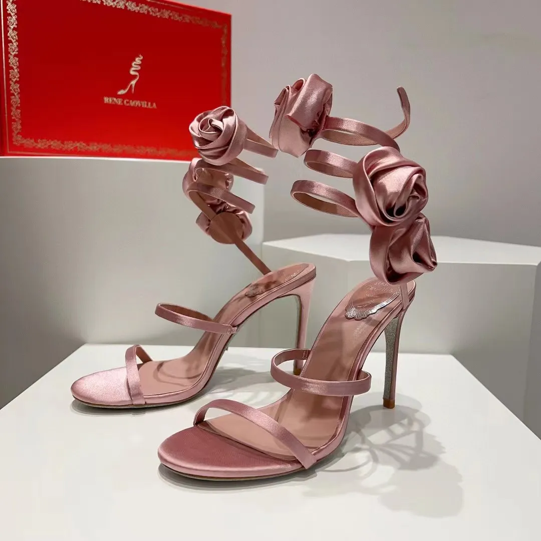 Top Quality Rene Caovilla High Heel Sandals Silk Snake Wrapped Ankle Strap Fashion designer Dress Shoes Satin Flower Decoration Open Toe Party Wedding Shoes