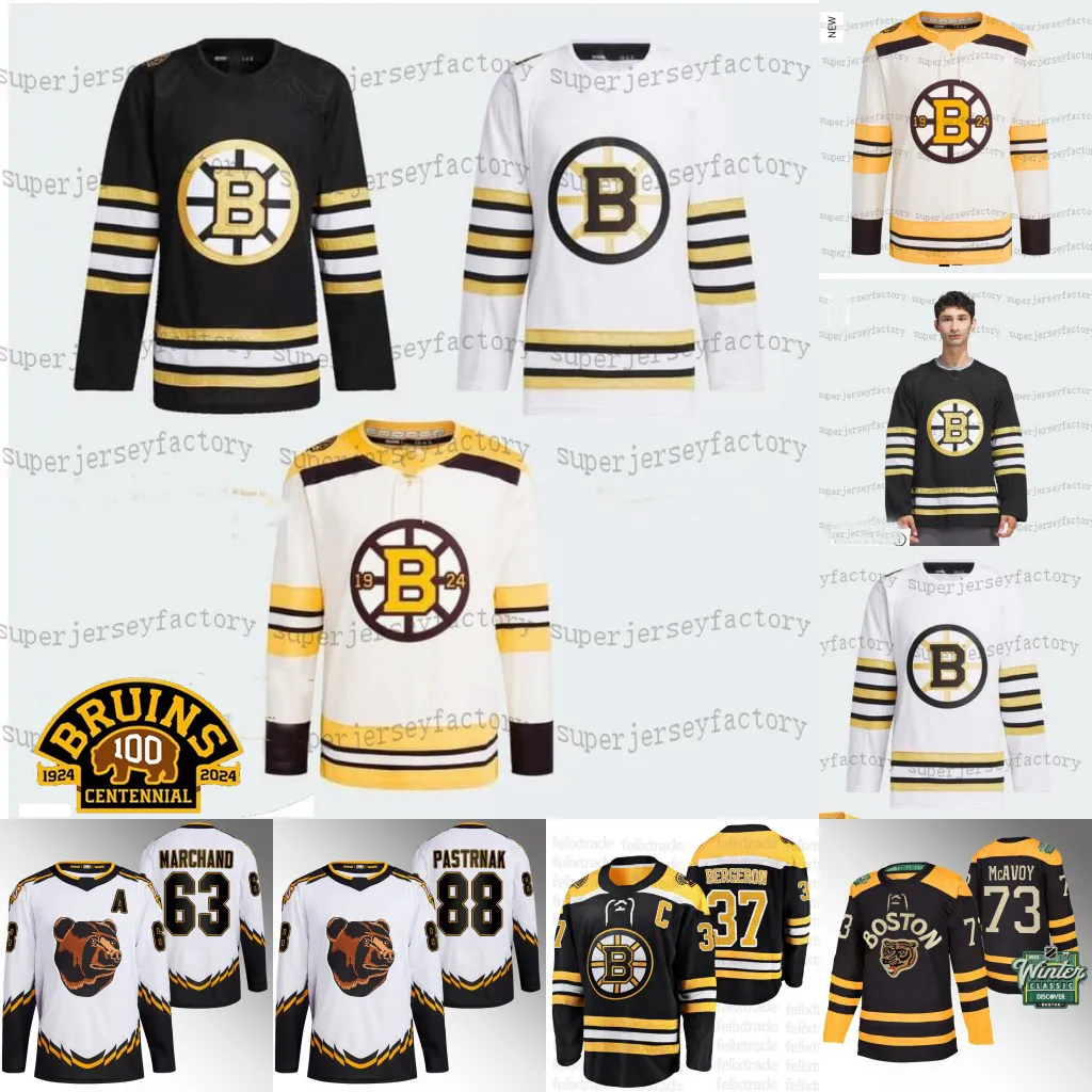 Maglia Bruins 2023-24 del centenario David Pastrnak Patrice Bergeron Brad Marchand Jeremy Swayman Linus Ullmark Charlie McAvoy Jake DeBrusk Trent Frederic