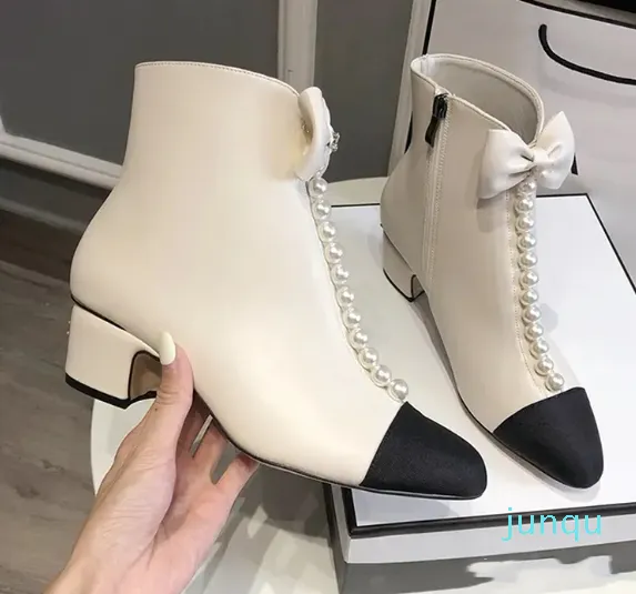 Kvinnor vitt mode läder pärlkedja tasselboots chunky hälen solidcolor korta stövlar hösten vinter klassisk färg blockering wamen zip