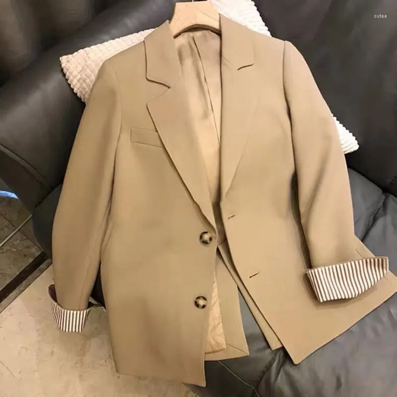 Ternos femininos manguito listra design manga longa blazers para mulher 2023 moda volta dividir lapela solto casacos mulher chique escritório senhoras sólido