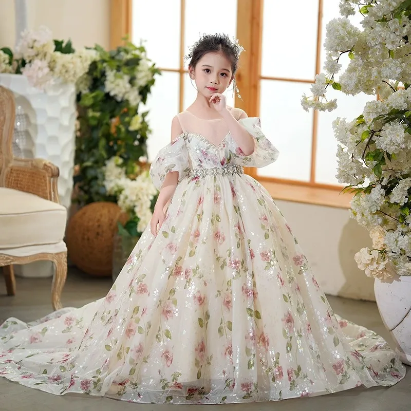 Cute lucido Princess Flower Girls Dresss Nuovo spalla in pizzo Tulle Appliques perline arruffale di fiori lunghi treni per bambini abiti da compleanno per bambini 403 403