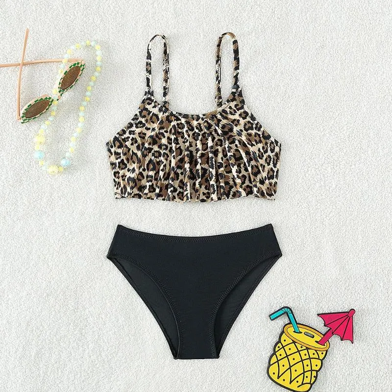 Kvinnors badkläder 5-14 år Barn Baddräkt för tonåringflickor Leopard Bikini Set Split Two-Piece Summer Girl