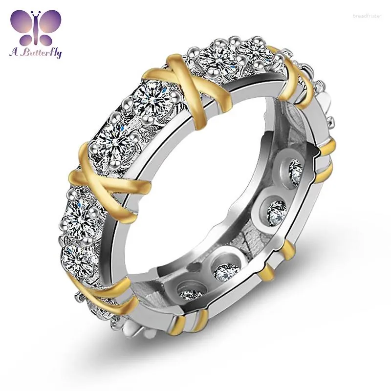 حلقات الكتلة Abutterfly 925 Sterling Silver 3mm 5a محاكاة الماس Ring's Ring X مزدوج اللون مع مجوهرات راقية