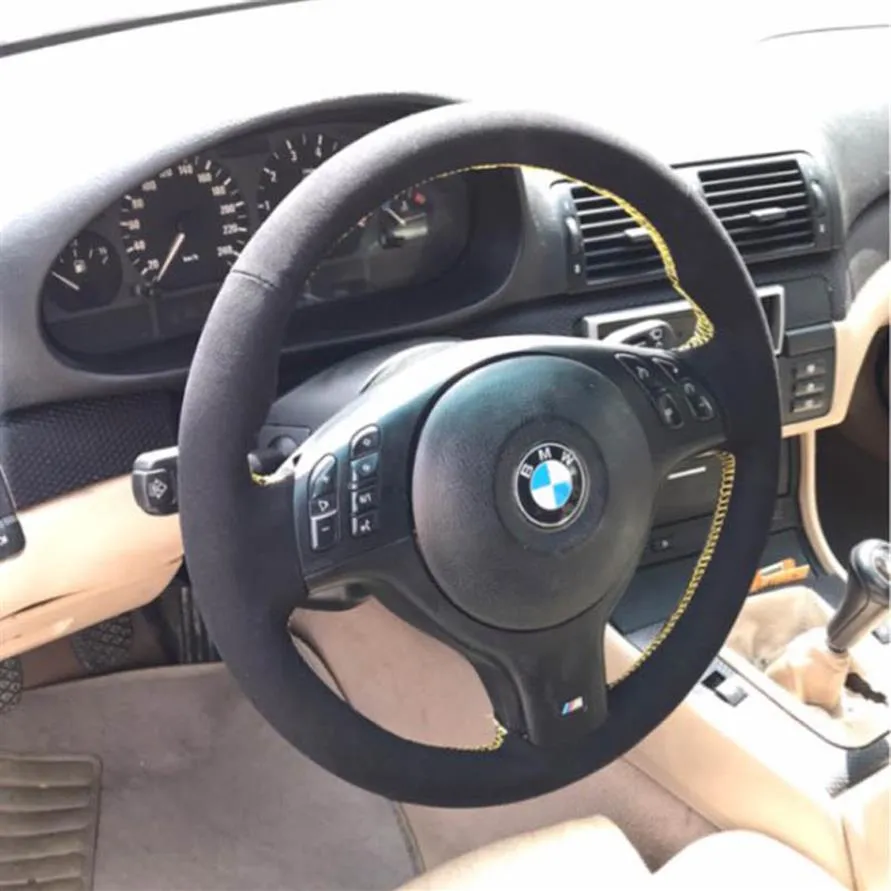 DIY All Black Wildleder Roter Faden Handgenähter Wrap Lenkradbezug für BMW E46 E39 330i 540i 525i 530i 330Ci M3 2001-032728