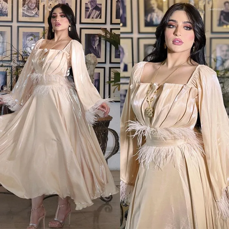 Ubranie etniczne luksusowe skromne sukienki dla kobiet jedwabny kaftan moda strusia pióra panel paneli sukienka drapowana hem marokański kaftan turecki