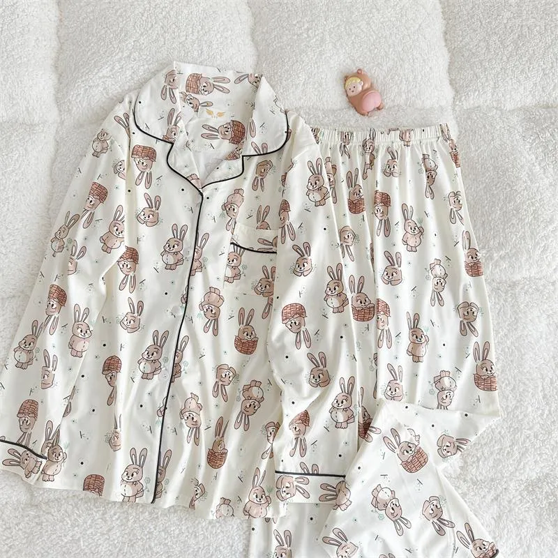 Pijamas femininos manga longa calças pijamas verão fino puro algodão bonito conjunto de duas peças doce outwear roupas para casa