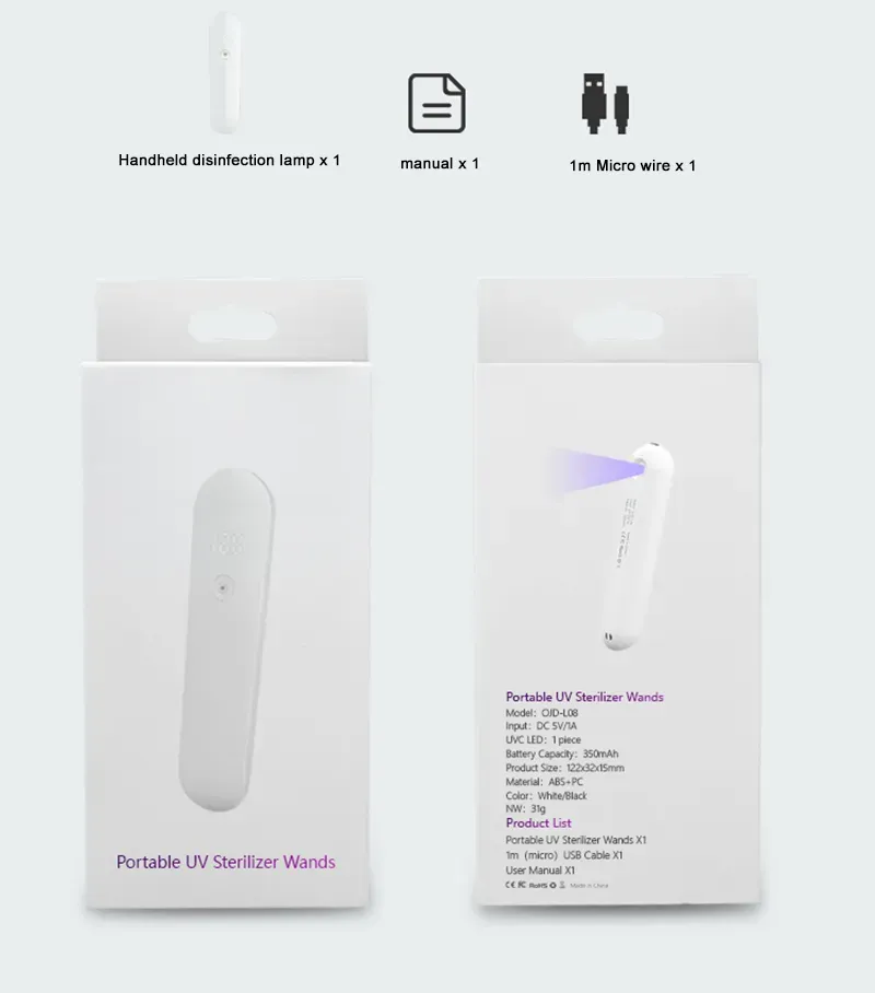 Handheld UV lights Sanitizer Wand Portable Mini 270nm UVC Light Disinfection Germicidal Lamps for Mask Phone Home