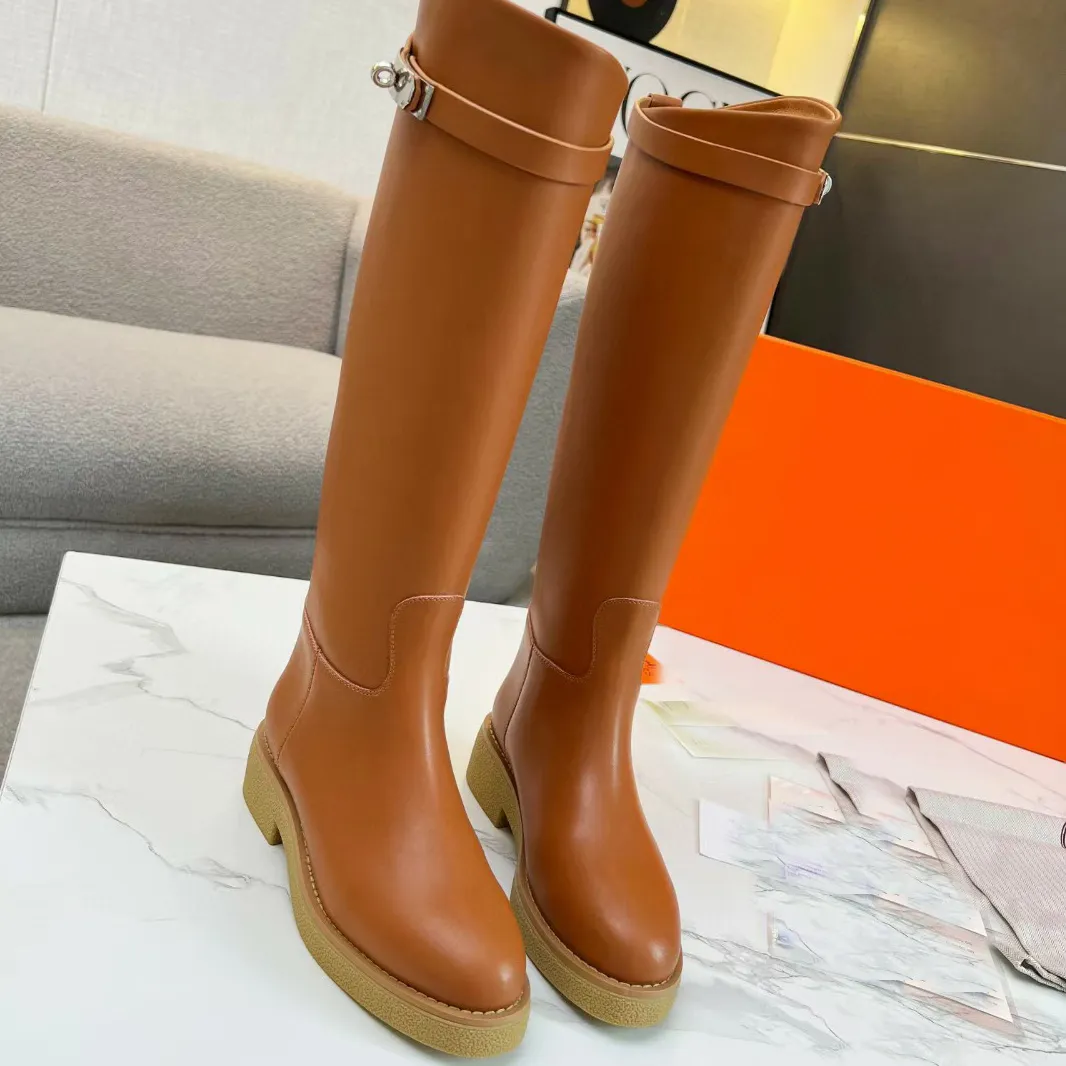 Designer Cowskin Patchwork Knee High Boots for Women Classic Silver Buckle Round Toe Booties Mixed Colors Fashion Shoes Low Heels 35 42
