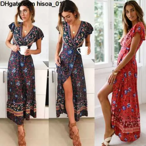 Vintage Boho Retro Ladies Multi Color Flower Printed Ruffle Sweet Stylish Short Sleeve Mid Loose Long Show Wear Fashion Dress