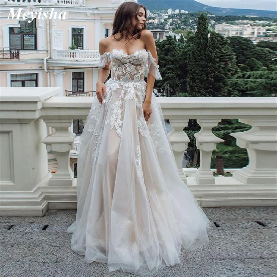 ZJ9202 2021 Sexy Sweetheart Lace A Line Wedding Dresses Off Shoulder Sleeveless Tulle Gowns for Brides Formal Dress2826