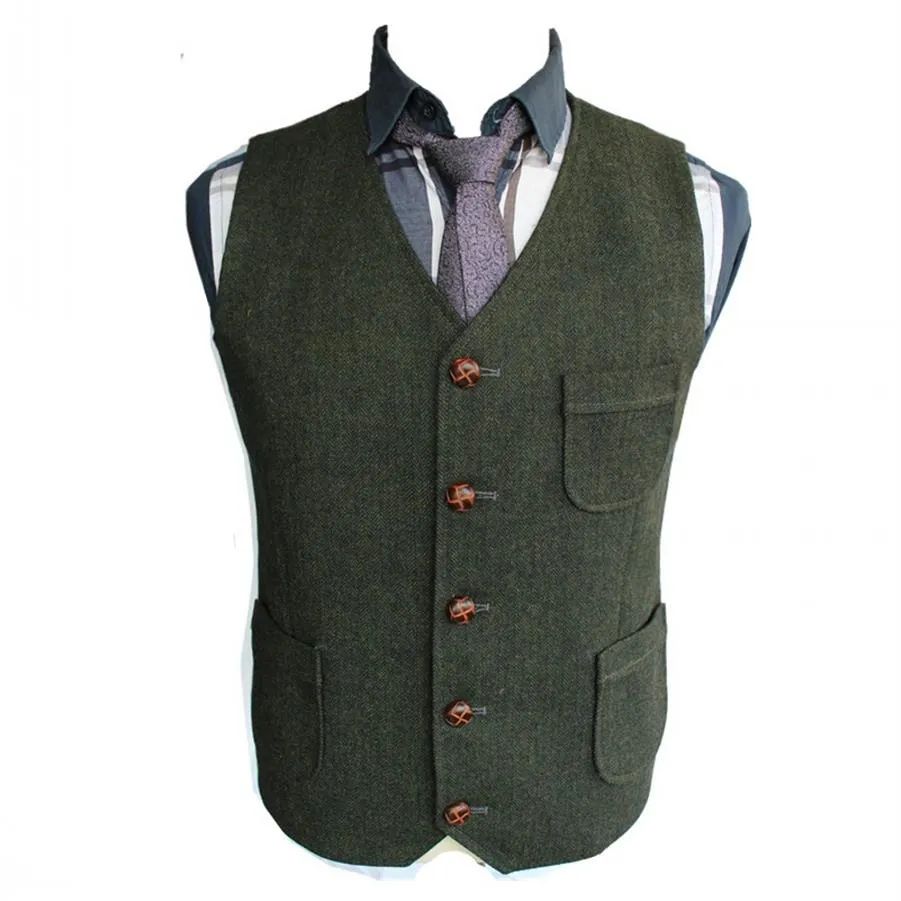 2019 Gilets de marié vert foncé Pays de mariage Laine Tweed à chevrons Gilet Slim Fit Costume pour hommes Gilet Robe Manteau Robe Gilet F174P