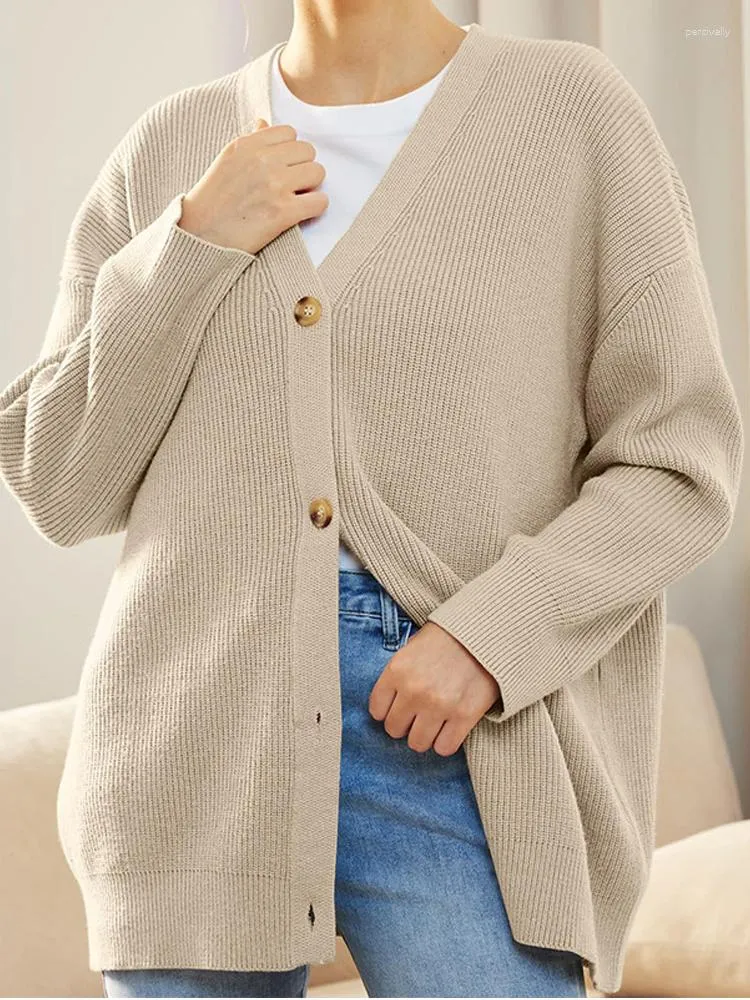 Women's Knits Autumn Winter Cardigan Women Elegant Knitted Sweater Female Casual Loose V Neck Jumper Ladies Solid Color Buttons Knitwear Top