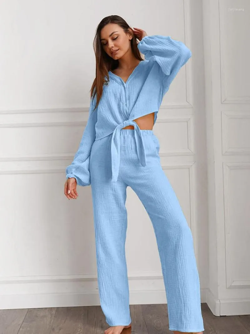 Damen-Nachtwäsche Marthaqiqi Baumwoll-Pyjama-Set für Damen, sexy V-Ausschnitt, langärmelig, Nachtwäsche, bauchfreies Top, Schnür-Nachthemd, Hose, Nachthemden, Anzüge