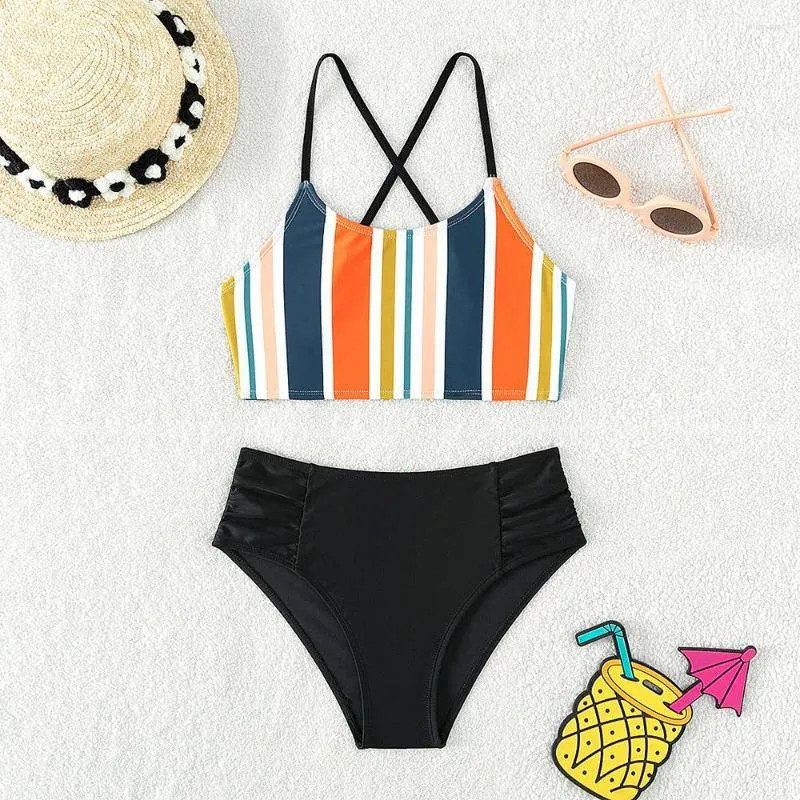 Costume da bagno da donna a vita alta bikini a righe da bambina set due pezzi per bambini per adolescenti costume da bagno beachwear biquini 7-15 anni