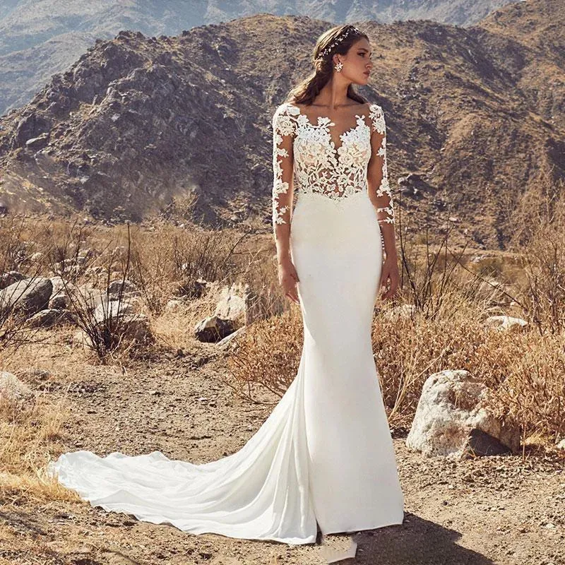 Vestidos de novia de sirena 2023, vestidos de novia sexis de encaje sin espalda con mangas largas, vestido de novia bohemio, vestido de novia, bata de mariee