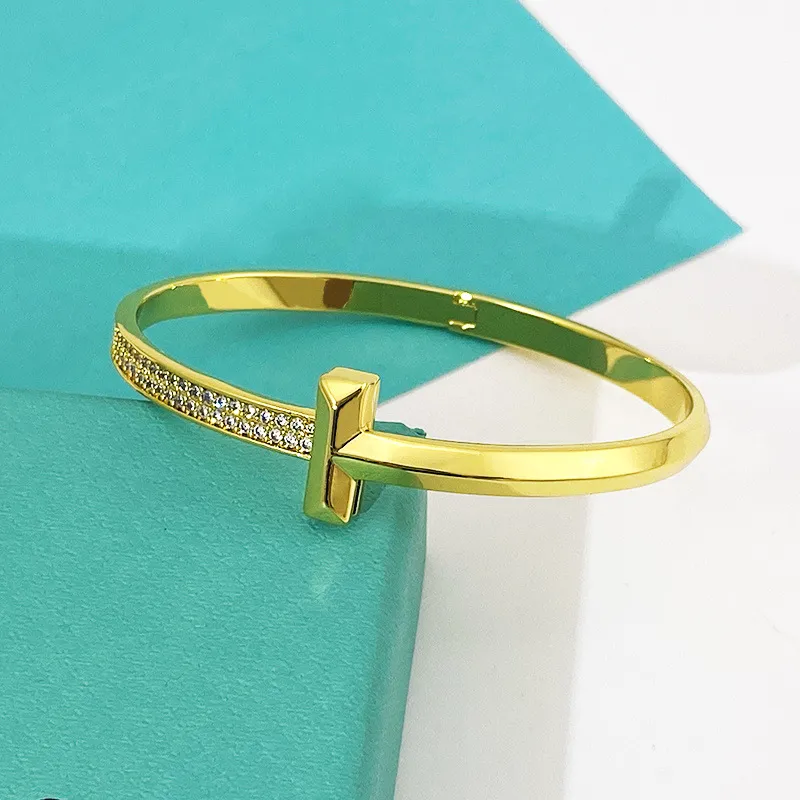 Bracelet T plaqué avec diamant en or rose 18 carats, bracelet Double T élastique ouvert avec style polyvalent, en Stock D-341132